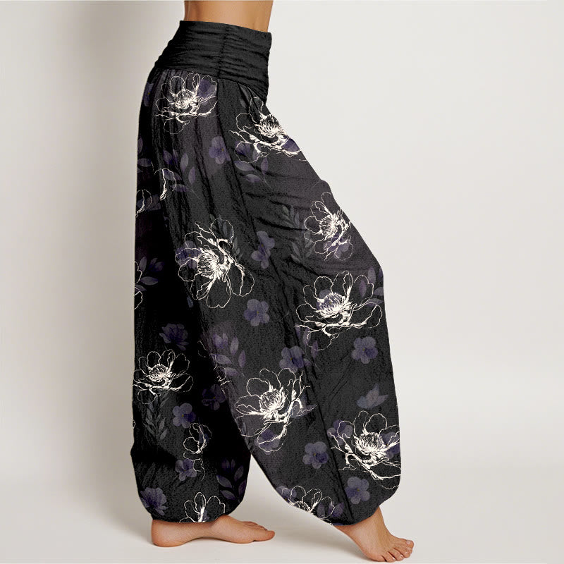 Pantalon harem pour femme en coton à motif floral rétro exquis et Buddha Stones, taille élastique - image 2