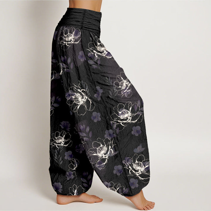 Pantalon harem pour femme en coton à motif floral rétro exquis et Buddha Stones, taille élastique - image 2