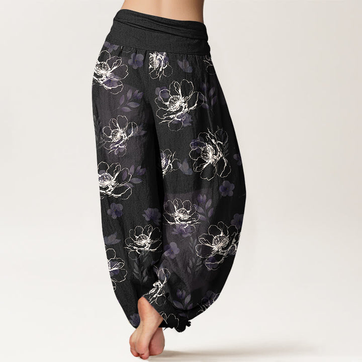 Pantalon harem pour femme en coton à motif floral rétro exquis et Buddha Stones, taille élastique - image 1
