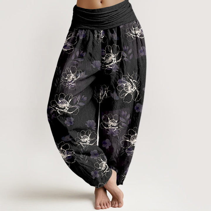 Pantalon harem pour femme en coton à motif floral rétro exquis et Buddha Stones, taille élastique - Noir - US16，UK/AU20，EU48 (3XL) - image 0