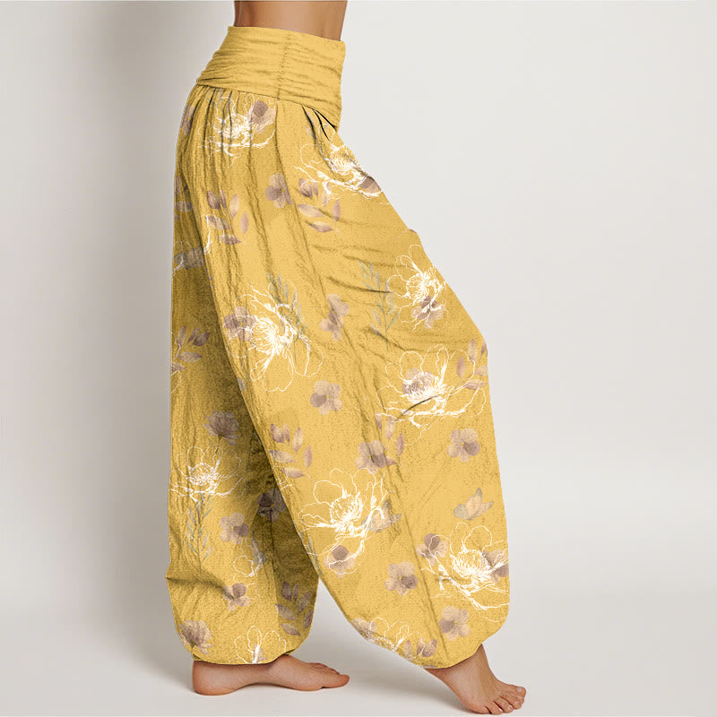 Pantalon harem pour femme en coton à motif floral rétro exquis et Buddha Stones, taille élastique - image 7