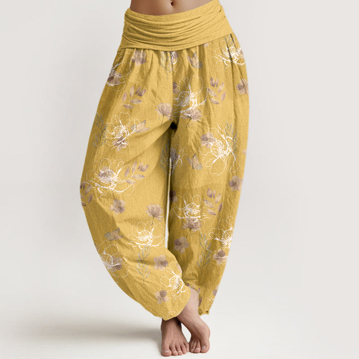 Pantalon harem pour femme en coton à motif floral rétro exquis et Buddha Stones, taille élastique - Or - US16，UK/AU20，EU48 (3XL) - image 5