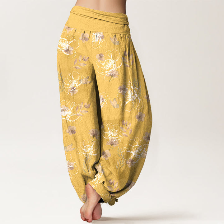 Pantalon harem pour femme en coton à motif floral rétro exquis et Buddha Stones, taille élastique - image 6