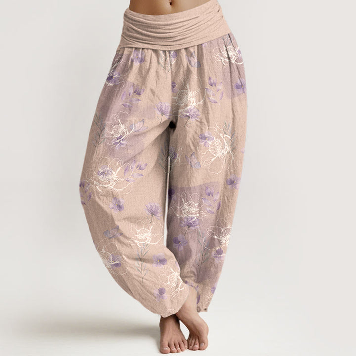 Pantalon harem pour femme en coton à motif floral rétro exquis et Buddha Stones, taille élastique - Bisque - US16，UK/AU20，EU48 (3XL) - image 8