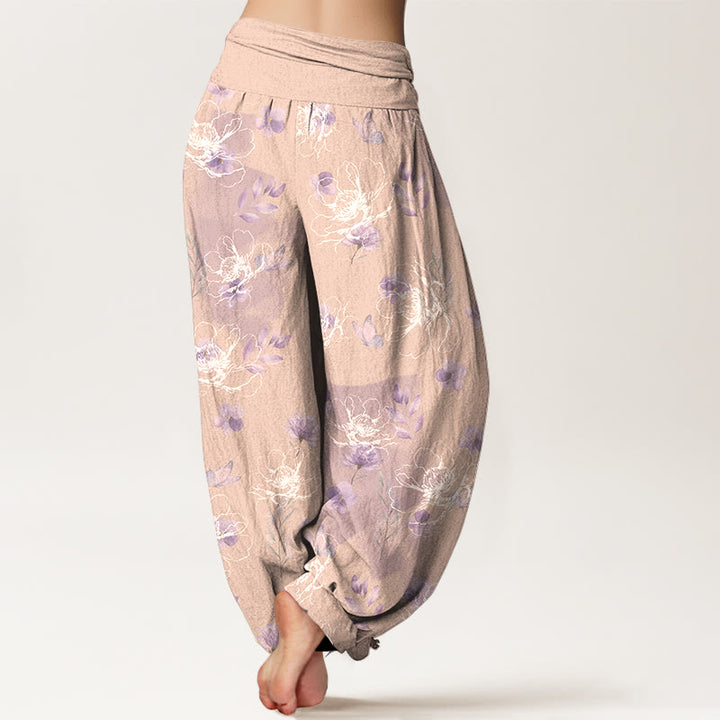 Pantalon harem pour femme en coton à motif floral rétro exquis et Buddha Stones, taille élastique - image 9