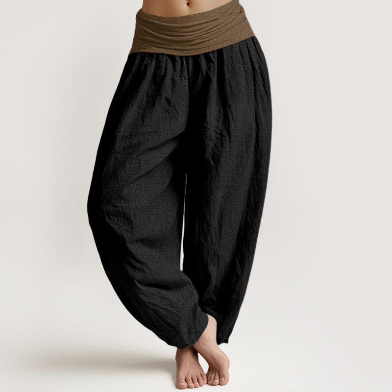 Pantalon harem femme en coton uni noir, vert et beige, à taille élastique, Buddha Stones - Noir - US16，UK/AU20，EU48 (3XL) - image 0