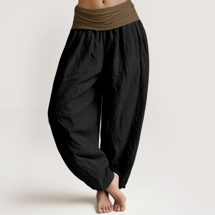 Pantalon harem femme en coton uni noir, vert et beige, à taille élastique, Buddha Stones - Noir - US16，UK/AU20，EU48 (3XL) - image 0