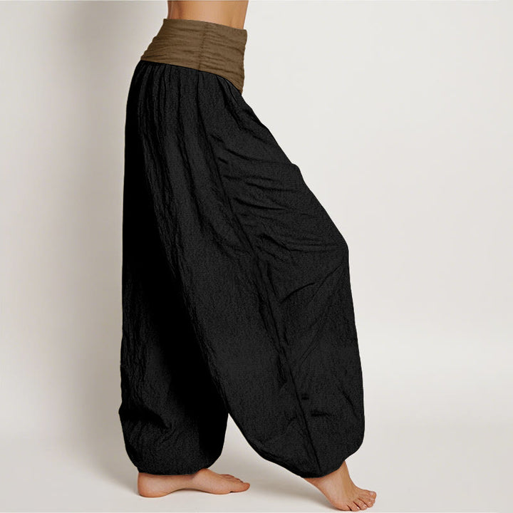 Pantalon harem femme en coton uni noir, vert et beige, à taille élastique, Buddha Stones - image 2