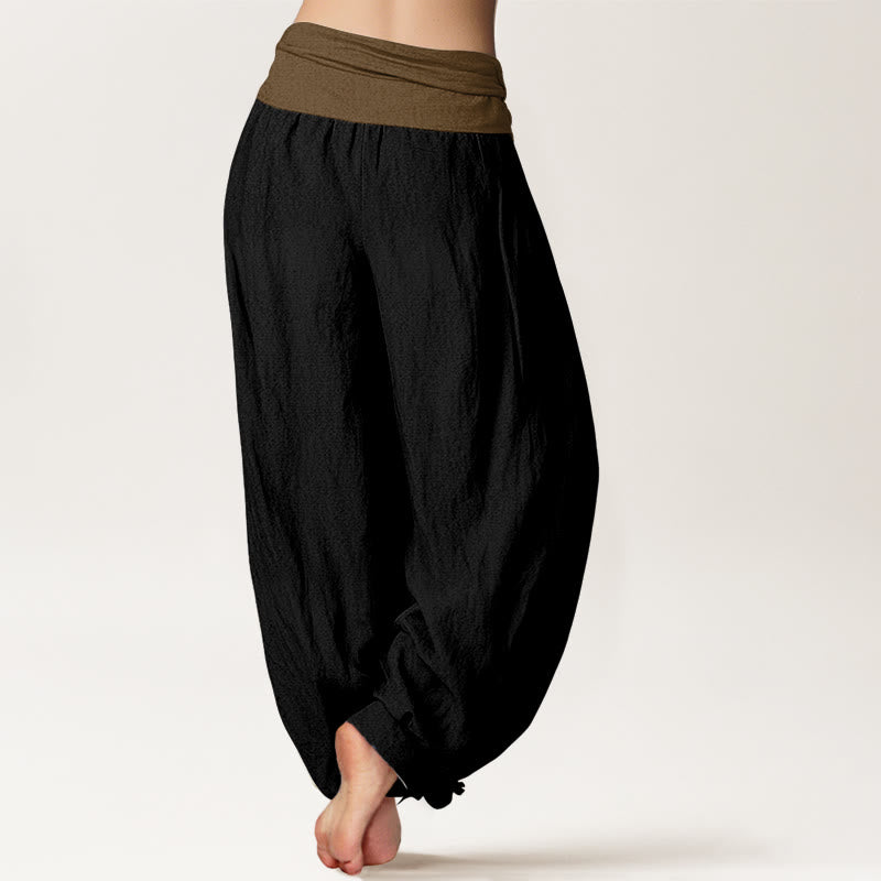 Pantalon harem femme en coton uni noir, vert et beige, à taille élastique, Buddha Stones - image 1
