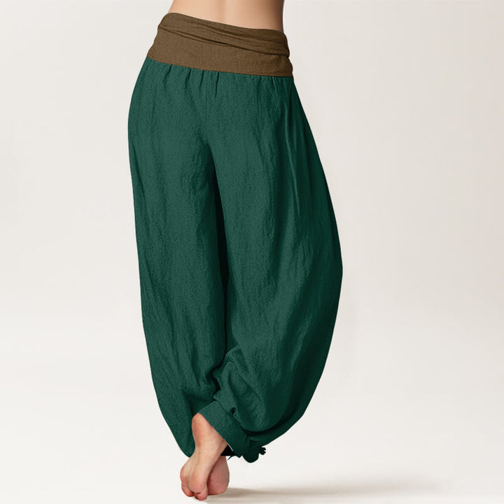 Pantalon harem femme en coton uni noir, vert et beige, à taille élastique, Buddha Stones - image 6