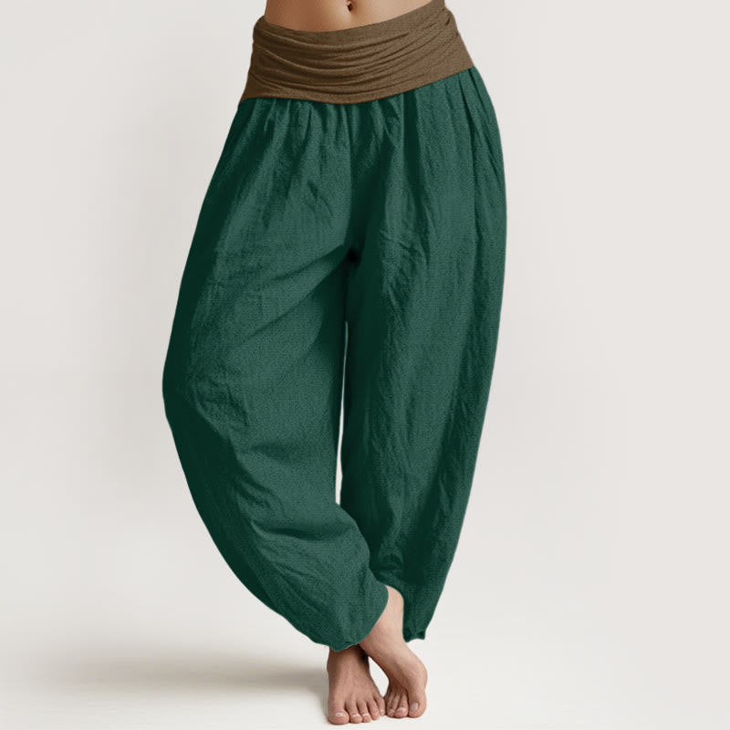 Pantalon harem femme en coton uni noir, vert et beige, à taille élastique, Buddha Stones - Vert foncé - US16，UK/AU20，EU48 (3XL) - image 5