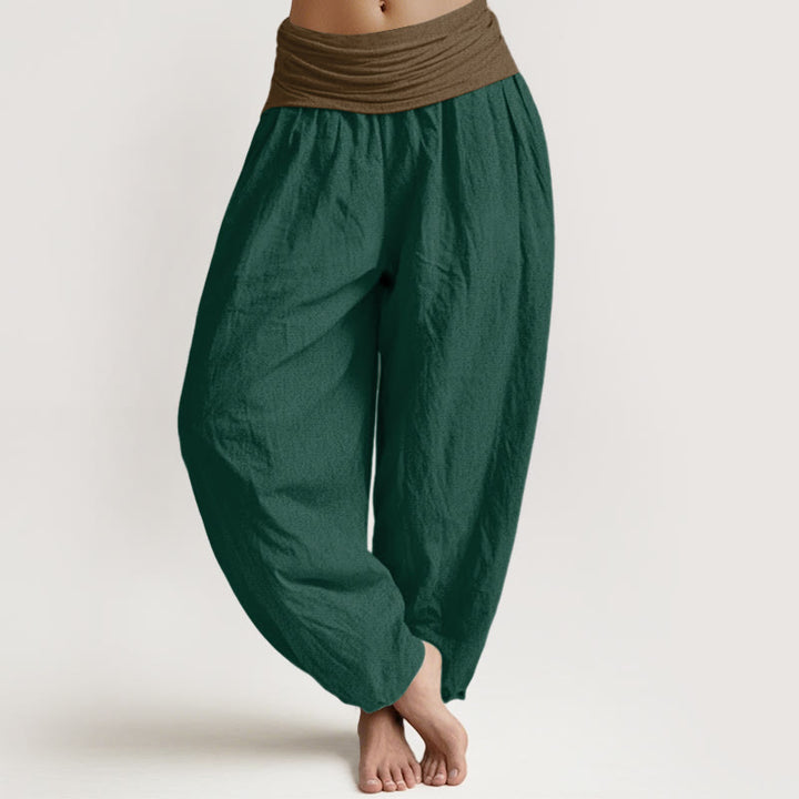 Pantalon harem femme en coton uni noir, vert et beige, à taille élastique, Buddha Stones - Vert foncé - US16，UK/AU20，EU48 (3XL) - image 5