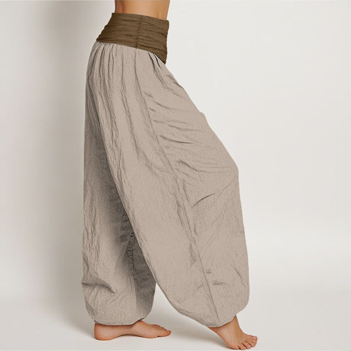 Pantalon harem femme en coton uni noir, vert et beige, à taille élastique, Buddha Stones - image 10