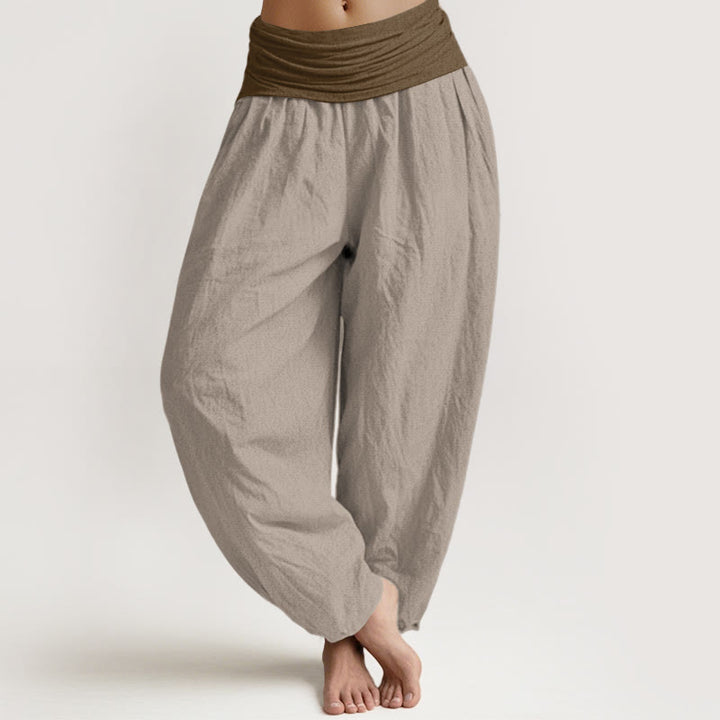 Pantalon harem femme en coton uni noir, vert et beige, à taille élastique, Buddha Stones - Tanné - US16，UK/AU20，EU48 (3XL) - image 8