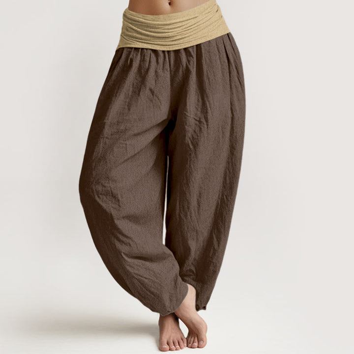 Pantalon harem femme en coton uni marron, bleu et noir, à taille élastique, motif Buddha Stones - SaddleBrown - US16，UK/AU20，EU48 (3XL) - image 0