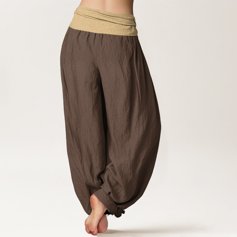 Pantalon harem femme en coton uni marron, bleu et noir, à taille élastique, motif Buddha Stones - image 1