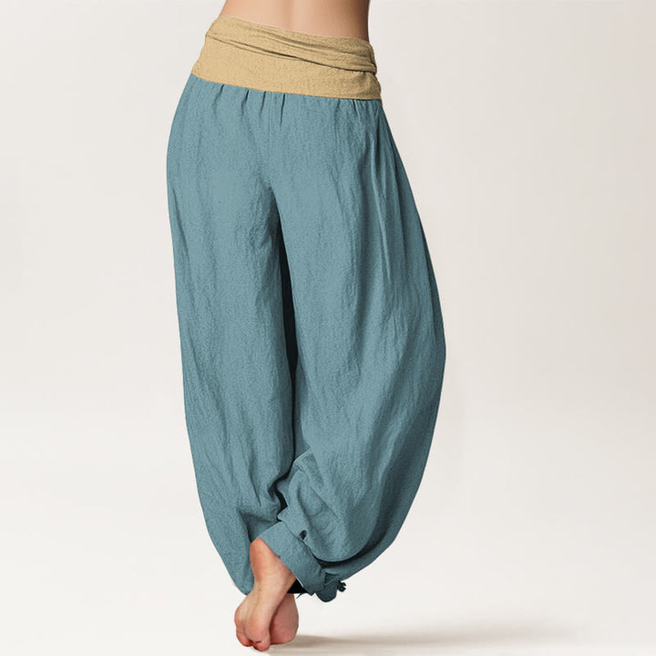 Pantalon harem femme en coton uni marron, bleu et noir, à taille élastique, motif Buddha Stones - image 6