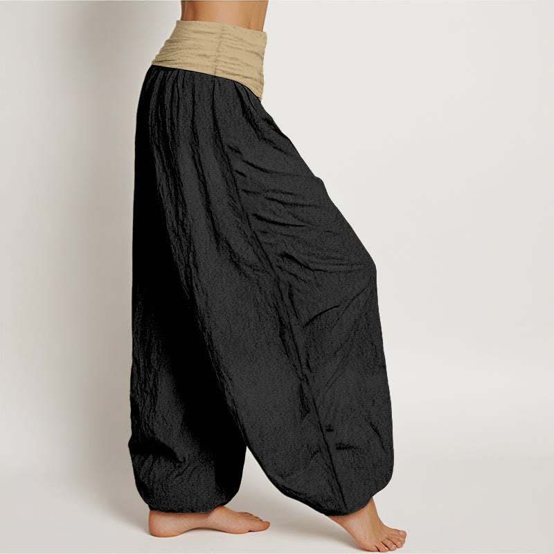 Pantalon harem femme en coton uni marron, bleu et noir, à taille élastique, motif Buddha Stones - image 10