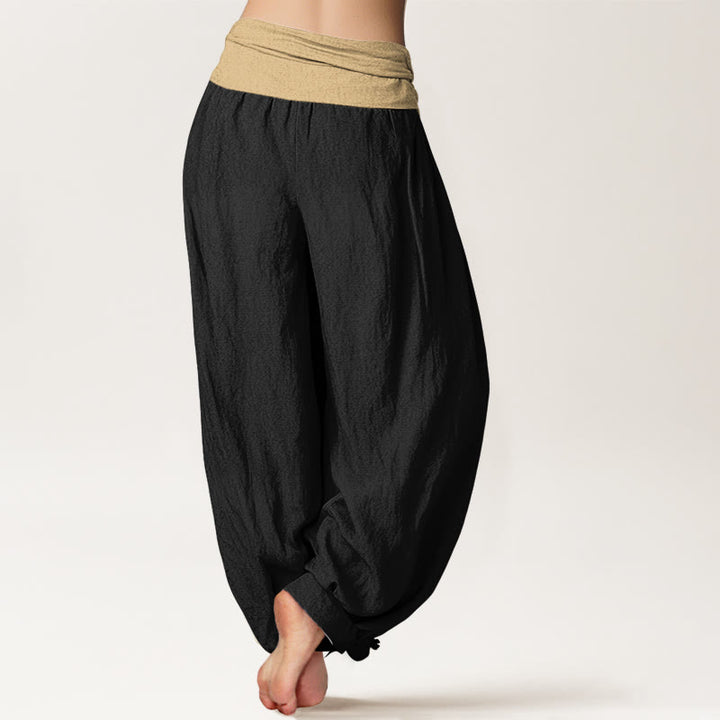 Pantalon harem femme en coton uni marron, bleu et noir, à taille élastique, motif Buddha Stones - image 9