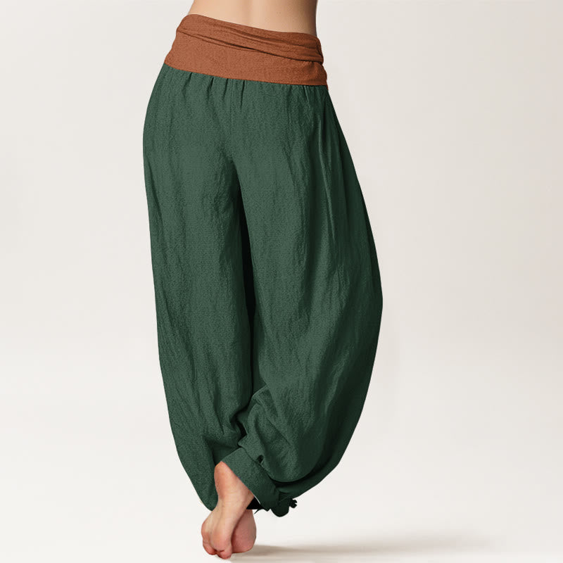 Pantalon harem femme en coton uni vert, noir, marron et rouge, à taille élastique , Buddha Stones - image 1