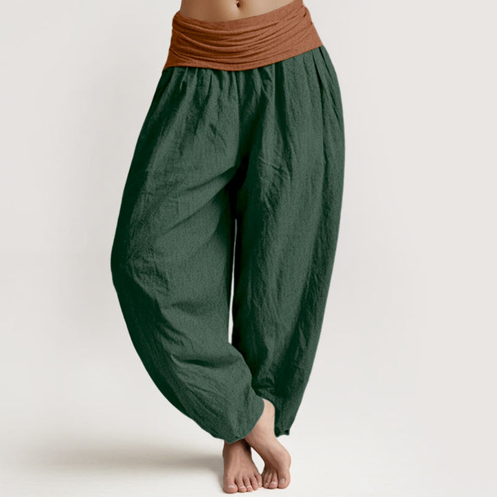 Pantalon harem femme en coton uni vert, noir, marron et rouge, à taille élastique , Buddha Stones - Vert foncé - US16，UK/AU20，EU48 (3XL) - image 0