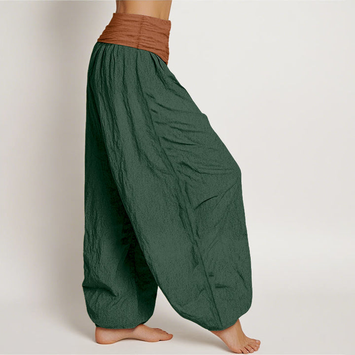 Pantalon harem femme en coton uni vert, noir, marron et rouge, à taille élastique , Buddha Stones - image 2