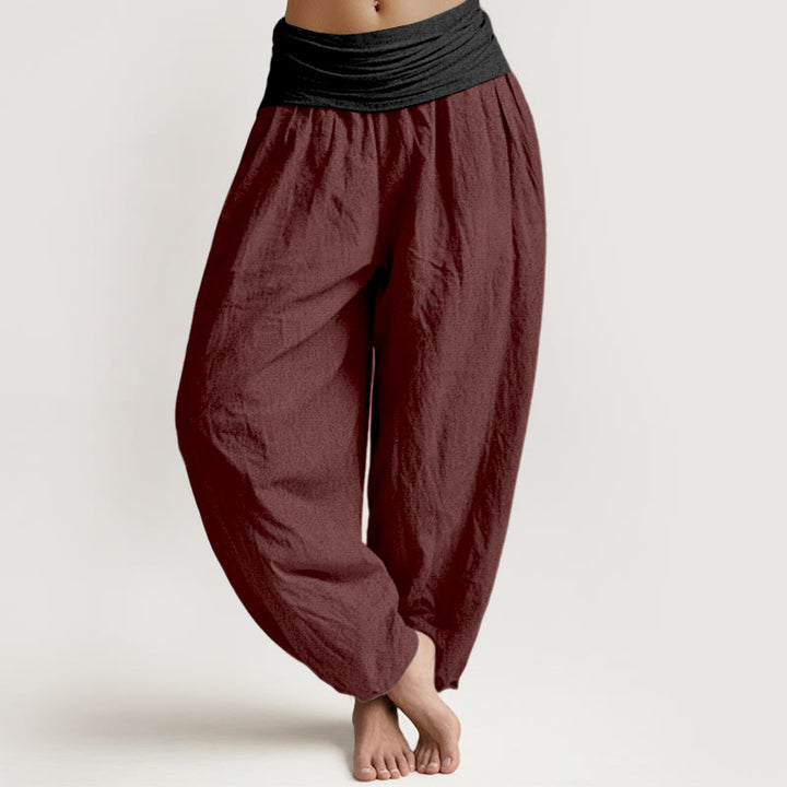 Pantalon harem femme en coton uni vert, noir, marron et rouge, à taille élastique , Buddha Stones - Rouge foncé - US16，UK/AU20，EU48 (3XL) - image 11