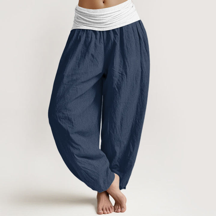 Pantalon harem femme en coton uni bleu, noir et gris, à taille élastique, motif Buddha Stones - Bleu foncé - US16，UK/AU20，EU48 (3XL) - image 0