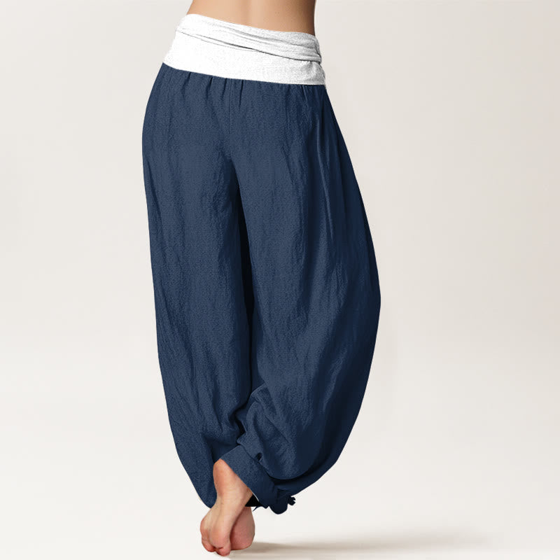 Pantalon harem femme en coton uni bleu, noir et gris, à taille élastique, motif Buddha Stones - image 1