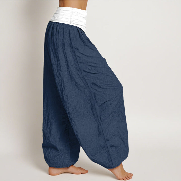 Pantalon harem femme en coton uni bleu, noir et gris, à taille élastique, motif Buddha Stones - image 2