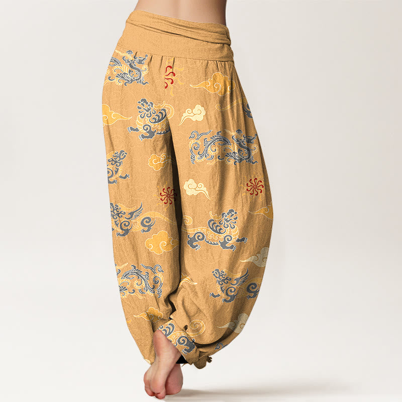 Pantalon harem à taille élastique pour femme, en coton, orné de magnifiques motifs de dragon, de bêtes porte-bonheur et de nuages, avec Buddha Stones - image 1