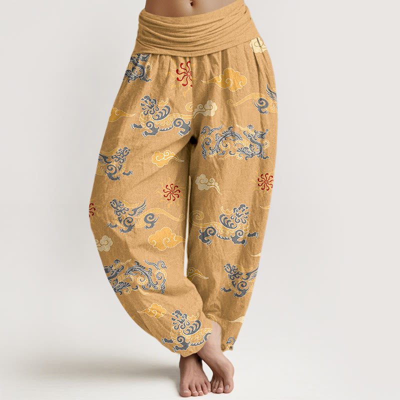 Pantalon harem à taille élastique pour femme, en coton, orné de magnifiques motifs de dragon, de bêtes porte-bonheur et de nuages, avec Buddha Stones - Or - US16，UK/AU20，EU48 (3XL) - image 0