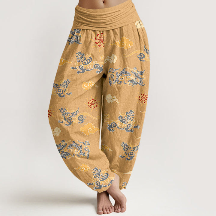 Pantalon harem à taille élastique pour femme, en coton, orné de magnifiques motifs de dragon, de bêtes porte-bonheur et de nuages, avec Buddha Stones - Or - US16，UK/AU20，EU48 (3XL) - image 0