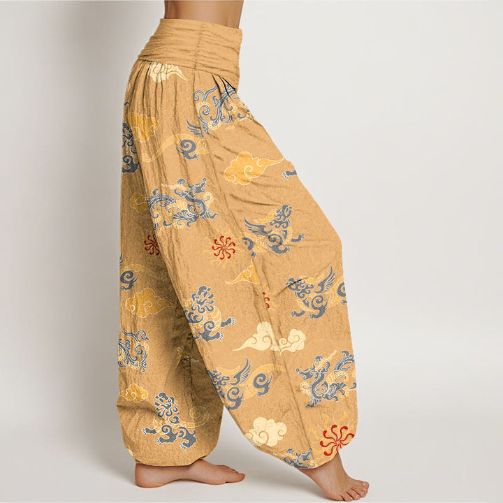 Pantalon harem à taille élastique pour femme, en coton, orné de magnifiques motifs de dragon, de bêtes porte-bonheur et de nuages, avec Buddha Stones - image 2