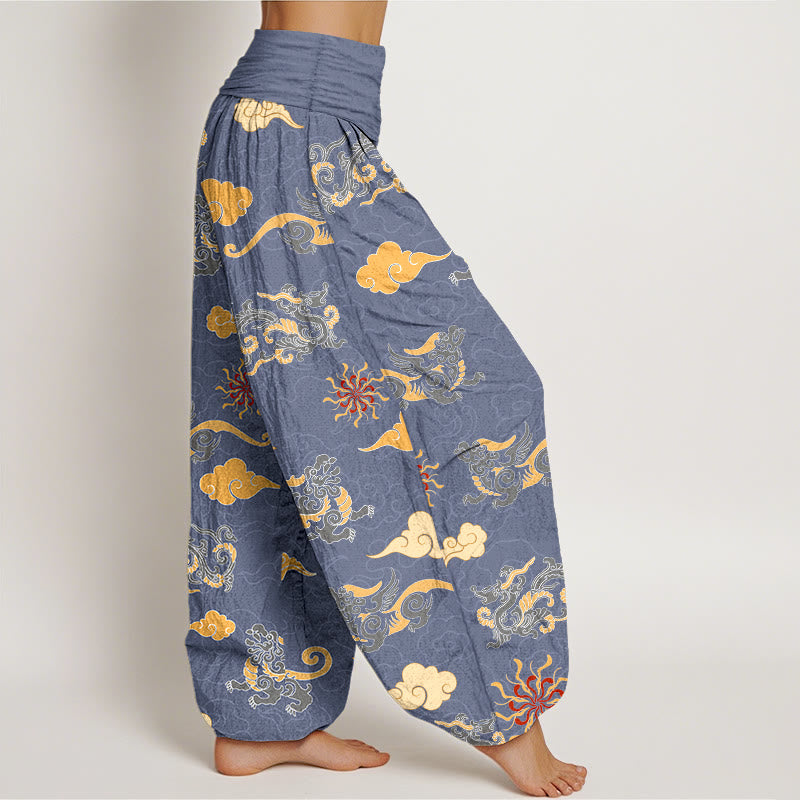 Pantalon harem à taille élastique pour femme, en coton, orné de magnifiques motifs de dragon, de bêtes porte-bonheur et de nuages, avec Buddha Stones - image 7