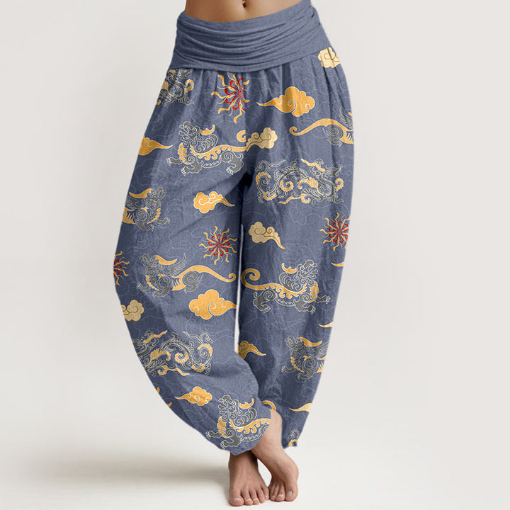 Pantalon harem à taille élastique pour femme, en coton, orné de magnifiques motifs de dragon, de bêtes porte-bonheur et de nuages, avec Buddha Stones - Bleu ardoise - US16，UK/AU20，EU48 (3XL) - image 5