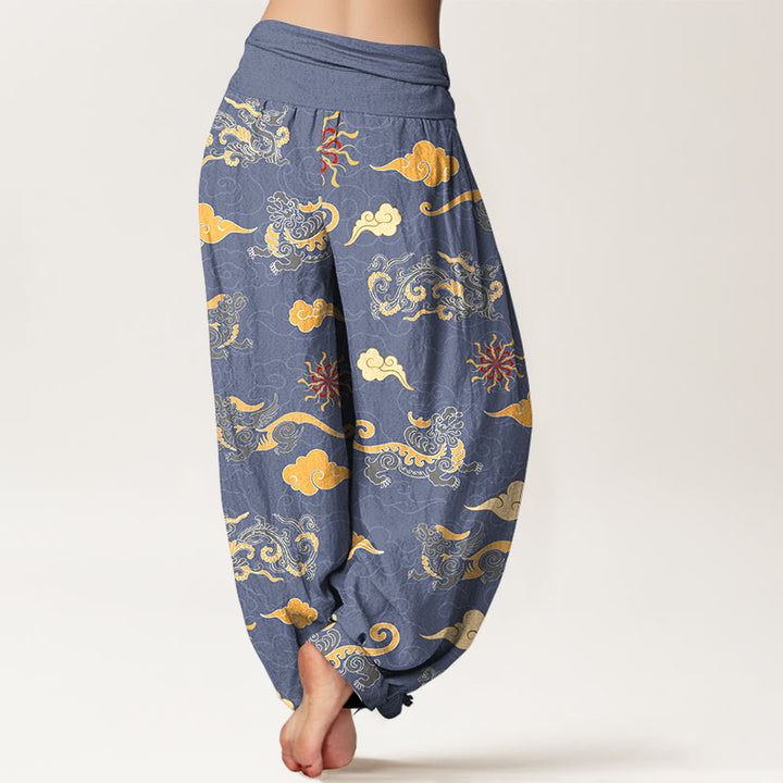 Pantalon harem à taille élastique pour femme, en coton, orné de magnifiques motifs de dragon, de bêtes porte-bonheur et de nuages, avec Buddha Stones - image 6