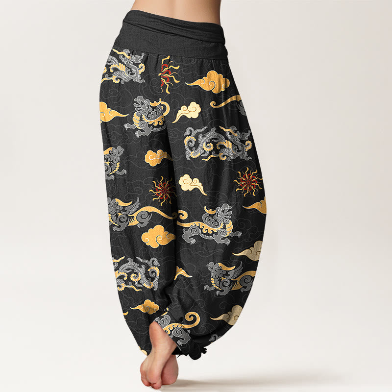 Pantalon harem à taille élastique pour femme, en coton, orné de magnifiques motifs de dragon, de bêtes porte-bonheur et de nuages, avec Buddha Stones - image 9