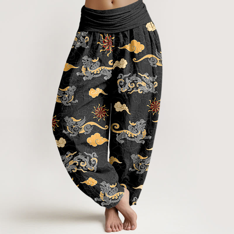 Pantalon harem à taille élastique pour femme, en coton, orné de magnifiques motifs de dragon, de bêtes porte-bonheur et de nuages, avec Buddha Stones - Noir - US16，UK/AU20，EU48 (3XL) - image 8