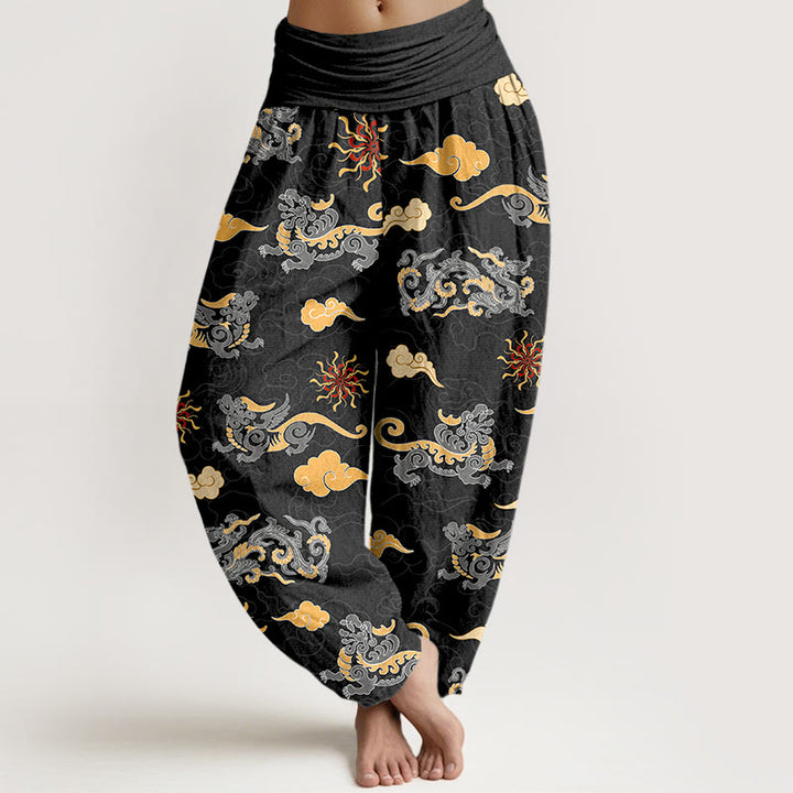 Pantalon harem à taille élastique pour femme, en coton, orné de magnifiques motifs de dragon, de bêtes porte-bonheur et de nuages, avec Buddha Stones - Noir - US16，UK/AU20，EU48 (3XL) - image 8
