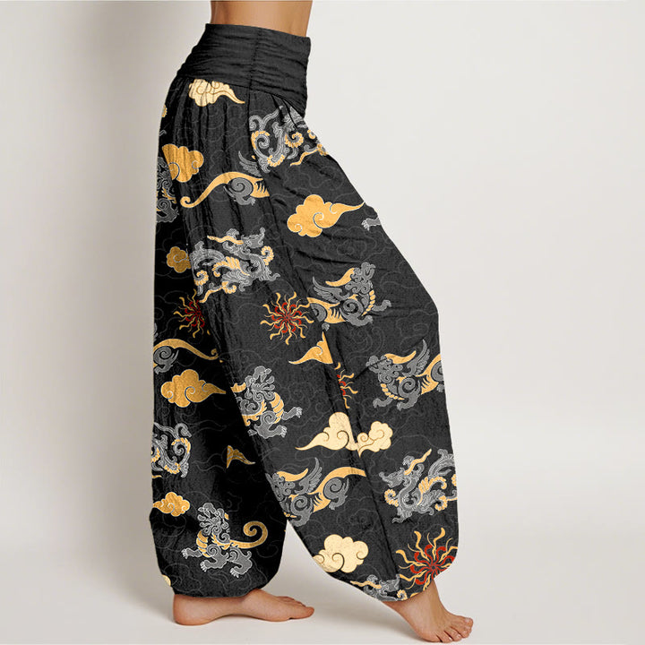 Pantalon harem à taille élastique pour femme, en coton, orné de magnifiques motifs de dragon, de bêtes porte-bonheur et de nuages, avec Buddha Stones - image 10
