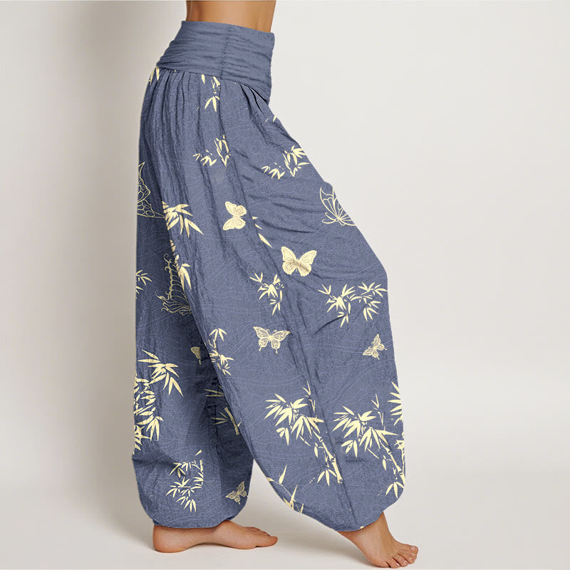 Pantalon harem pour femme, taille élastique, en coton, motif papillon et bambou élégant, orné de Buddha Stones - image 2