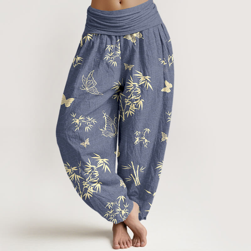 Pantalon harem pour femme, taille élastique, en coton, motif papillon et bambou élégant, orné de Buddha Stones - Bleu ardoise - US16，UK/AU20，EU48 (3XL) - image 0