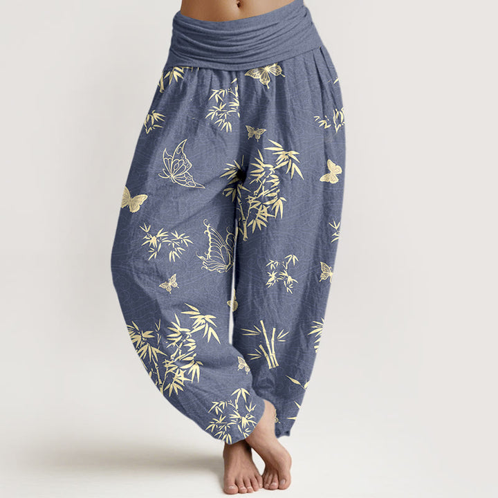 Pantalon harem pour femme, taille élastique, en coton, motif papillon et bambou élégant, orné de Buddha Stones - Bleu ardoise - US16，UK/AU20，EU48 (3XL) - image 0