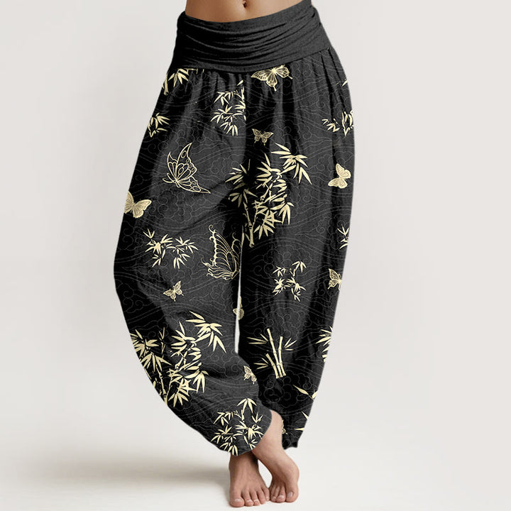 Pantalon harem pour femme, taille élastique, en coton, motif papillon et bambou élégant, orné de Buddha Stones - Noir - US16，UK/AU20，EU48 (3XL) - image 5