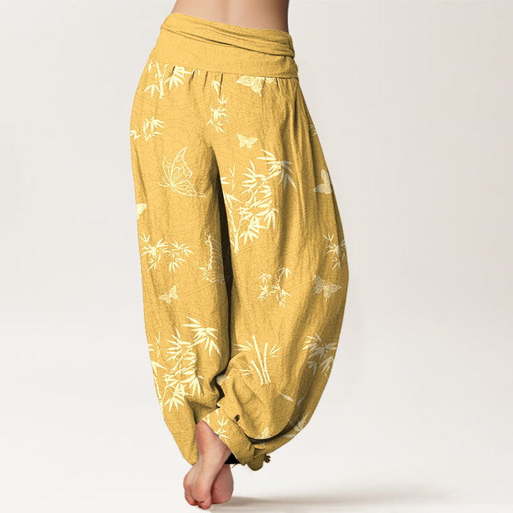 Pantalon harem pour femme, taille élastique, en coton, motif papillon et bambou élégant, orné de Buddha Stones - image 9