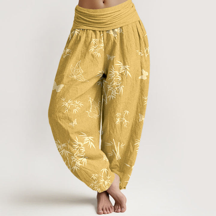 Pantalon harem pour femme, taille élastique, en coton, motif papillon et bambou élégant, orné de Buddha Stones - Or - US16，UK/AU20，EU48 (3XL) - image 8