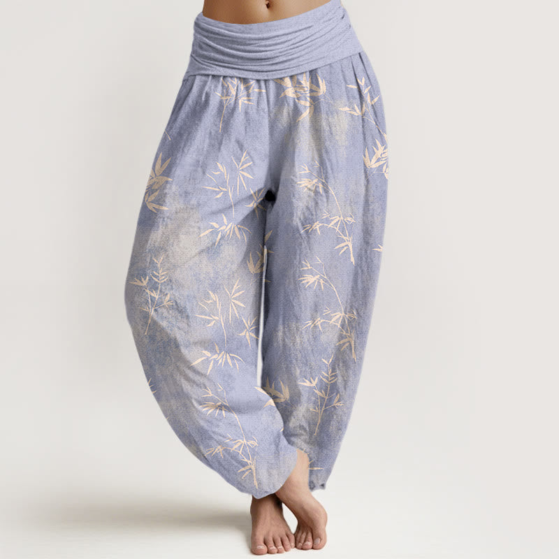 Pantalon harem à taille élastique pour femme, en coton à motif simple de feuilles de bambou et Buddha Stones - Lavande - US16，UK/AU20，EU48 (3XL) - image 0