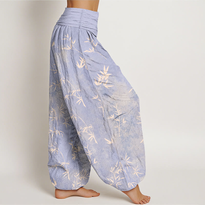 Pantalon harem à taille élastique pour femme, en coton à motif simple de feuilles de bambou et Buddha Stones - image 2