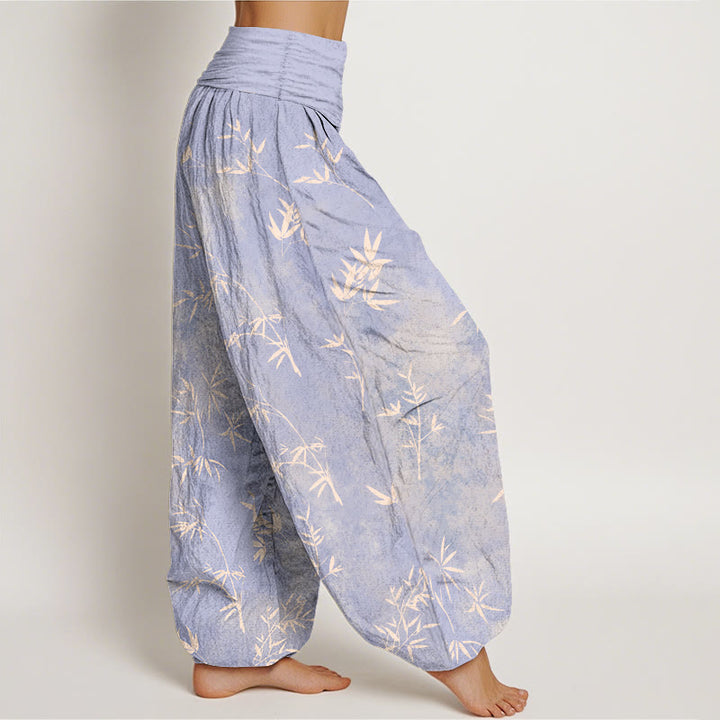 Pantalon harem à taille élastique pour femme, en coton à motif simple de feuilles de bambou et Buddha Stones - image 2